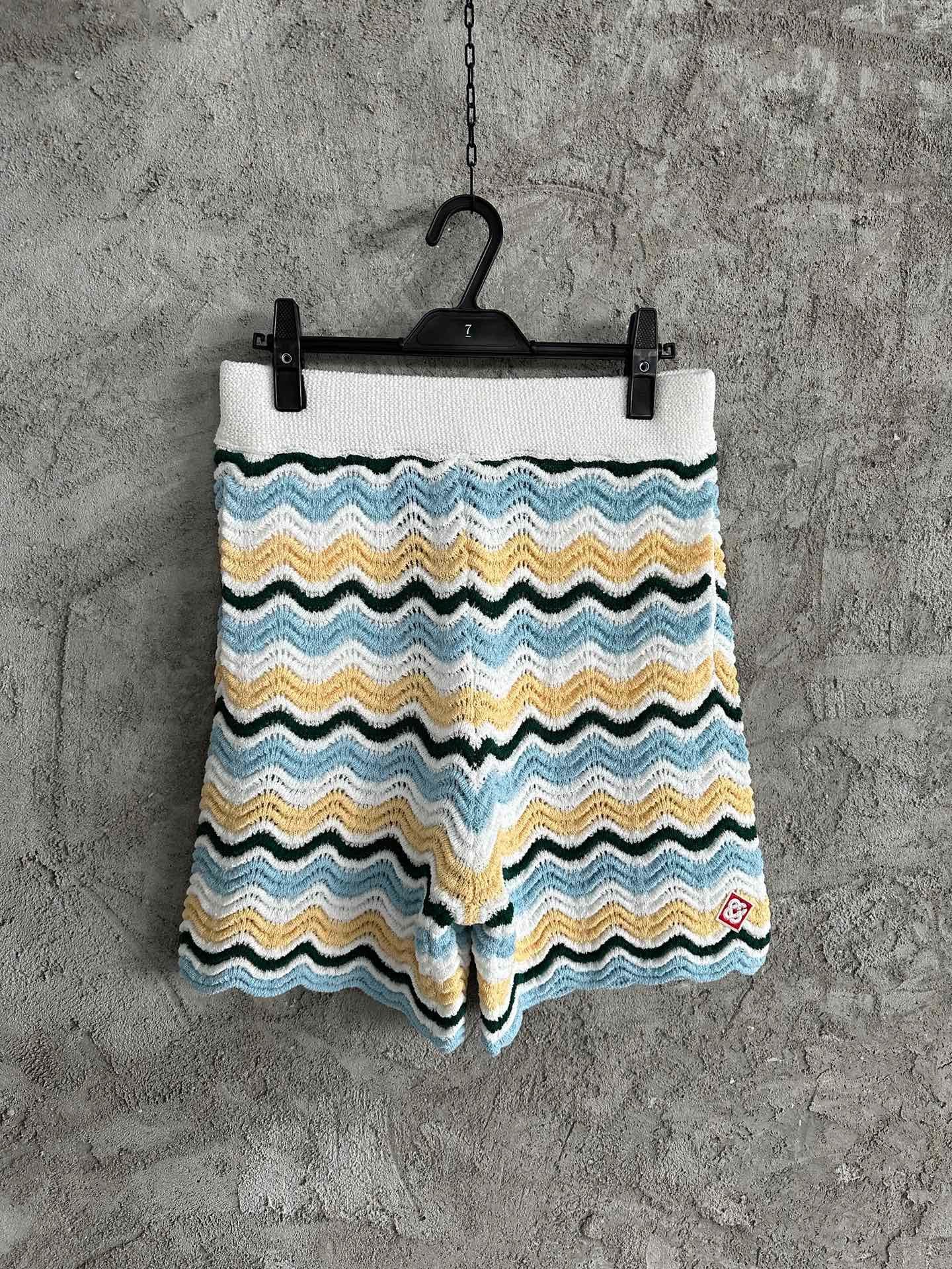 CASABLANCA WAVY BOUCLE  BLUE AND YELLOW CROCHET SHORTS