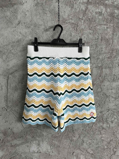 CASABLANCA WAVY BOUCLE  BLUE AND YELLOW CROCHET SHORTS