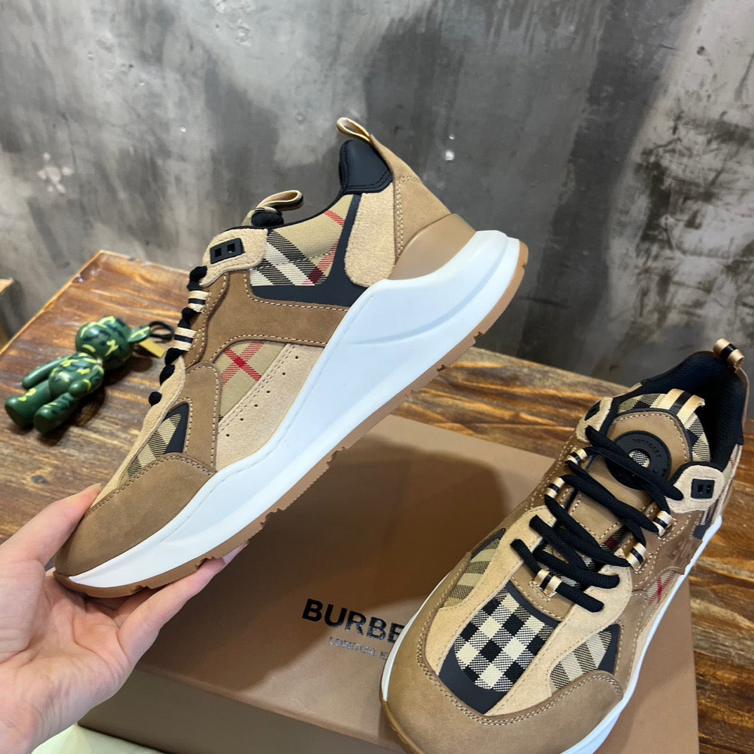 Burberry Beige Leather And Check Print Trainer