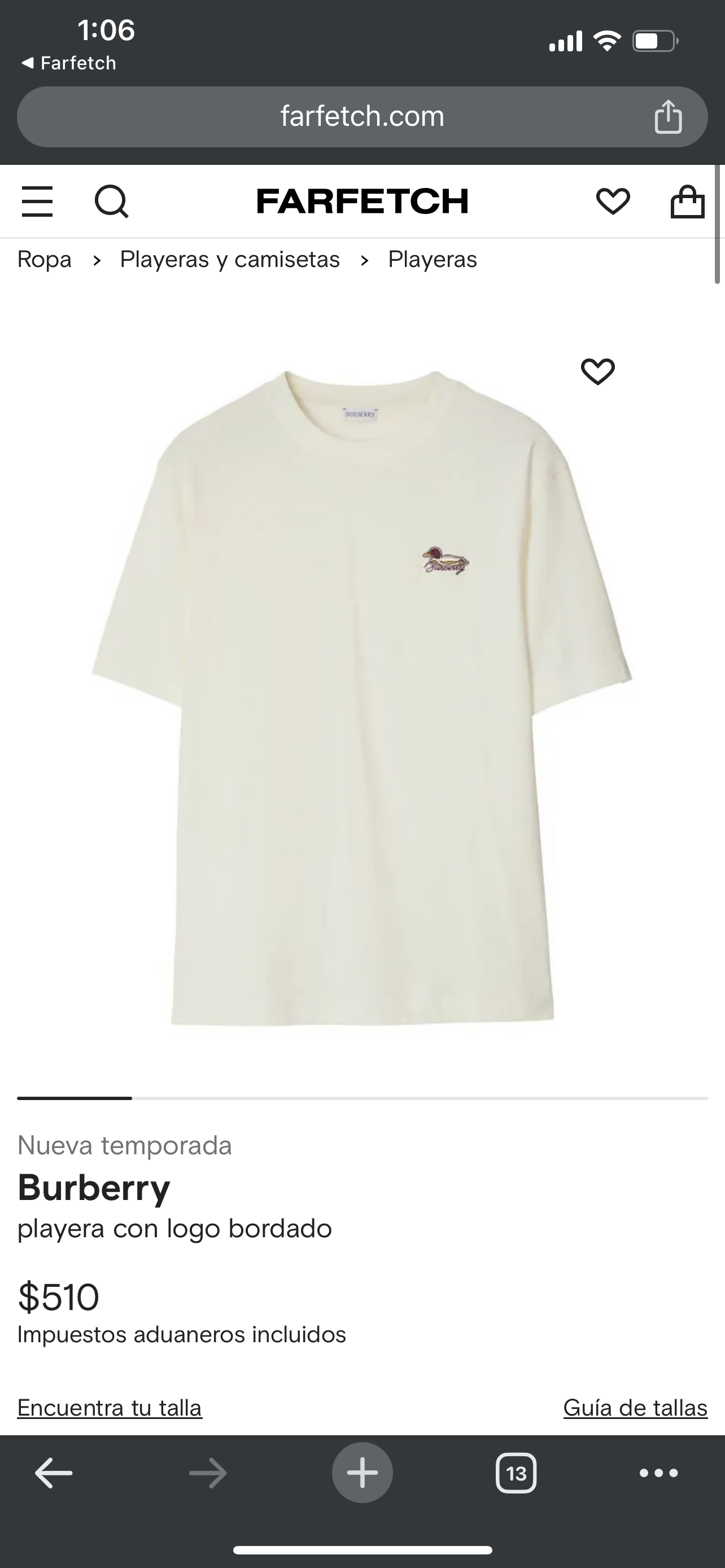 BURBERRY Logo Embroidered Cotton T-Shirt (Varios colores)