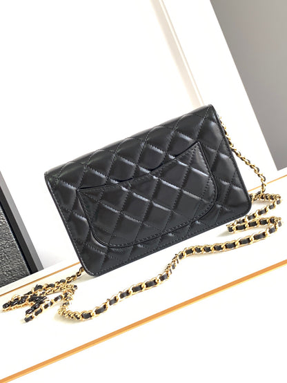 CHANEL Lambskin Quilted Enamel CC Pearl Crush Wallet on Chain WOC Black