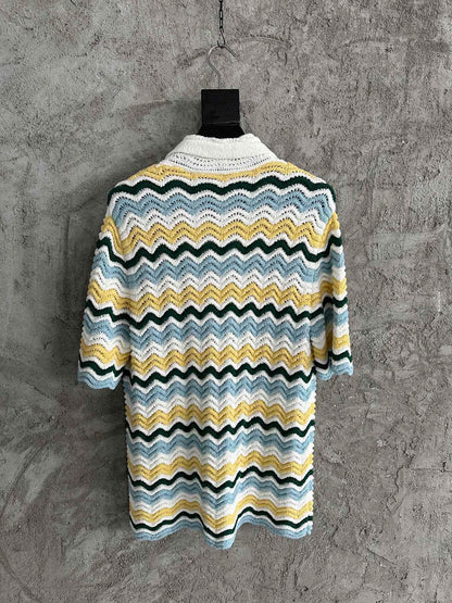 CASABLANCA WAVY BOUCLE  BLUE AND YELLOW CROCHET SHIRTS