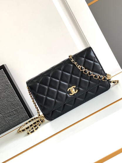 CHANEL Lambskin Quilted Enamel CC Pearl Crush Wallet on Chain WOC Black