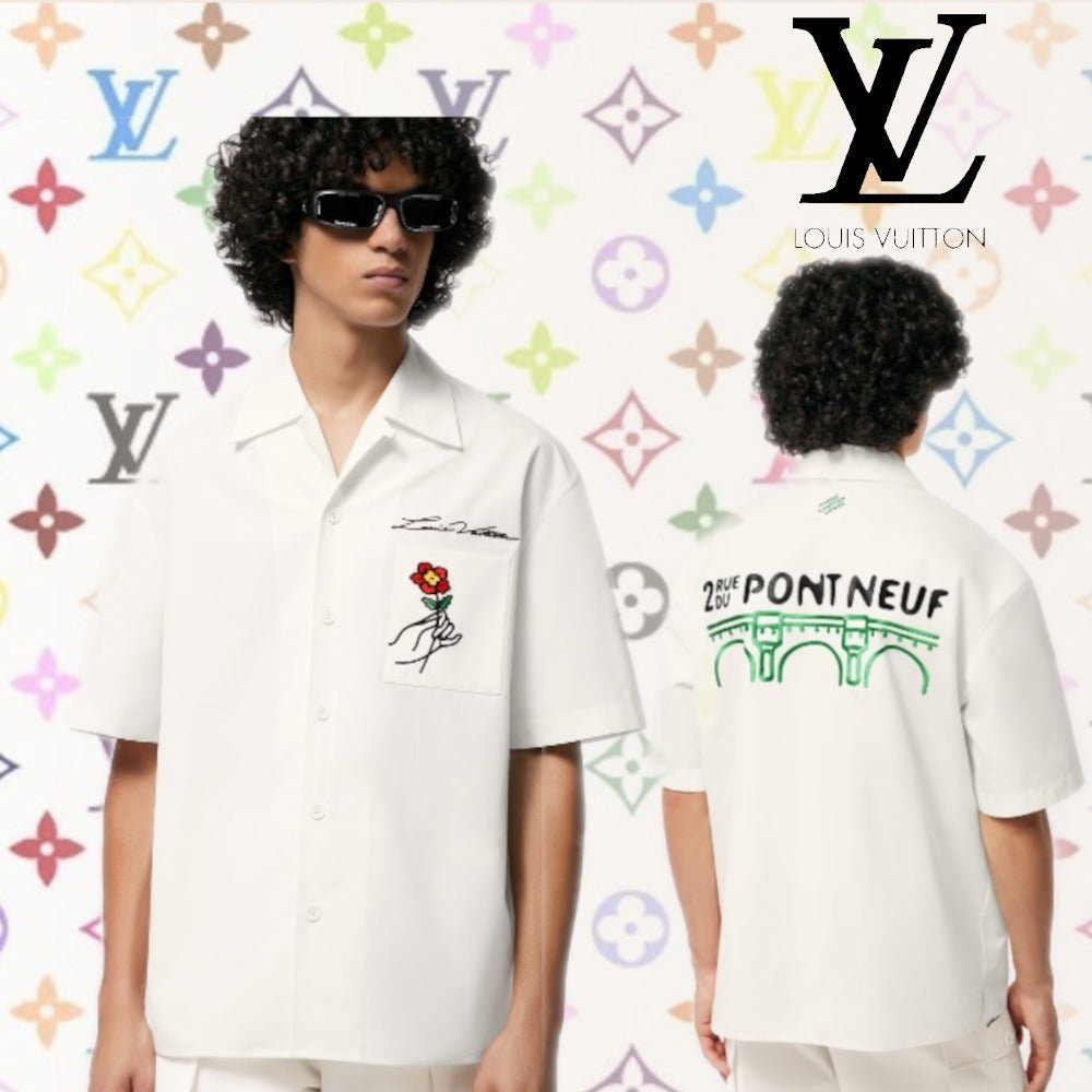 LV Monogram Open Collar Short-Sleeved Cotton Shirt 1AFJDK