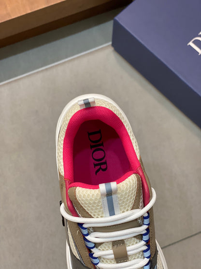 Dior B22 Beige Technical Mesh with Deep Gray and Brown Smooth Calfskin Low Top Sneakers