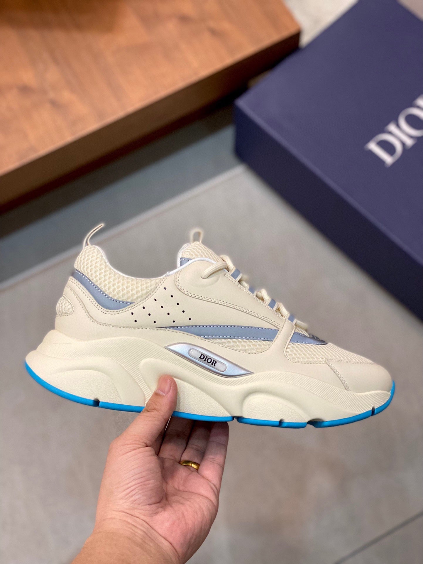 Dior B22 Cream Blue Calfskin Trainer