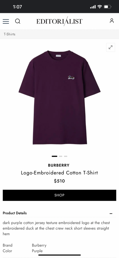 BURBERRY Logo Embroidered Cotton T-Shirt (Varios colores)