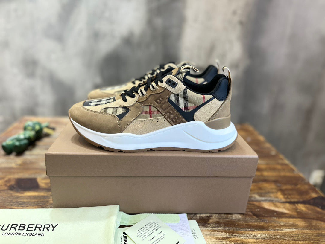 Burberry Beige Leather And Check Print Trainer