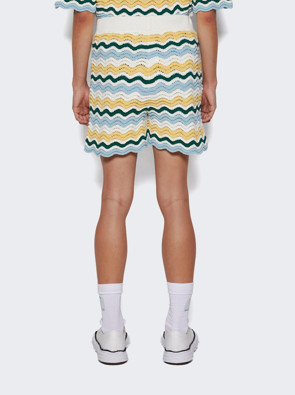 CASABLANCA WAVY BOUCLE  BLUE AND YELLOW CROCHET SHORTS