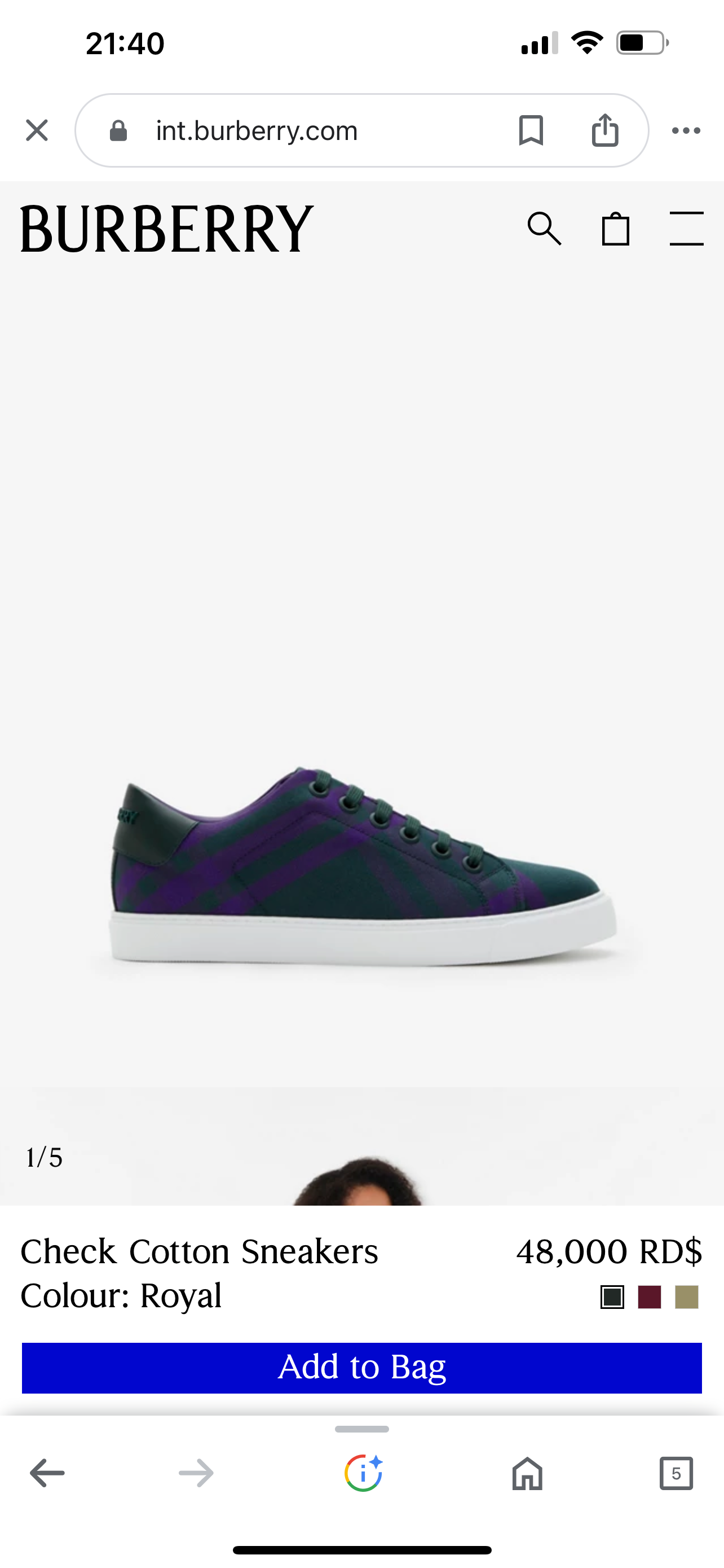 Burberry Check cotton sneakers - Color Royal