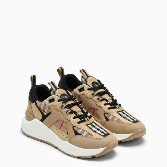 Burberry Beige Leather And Check Print Trainer