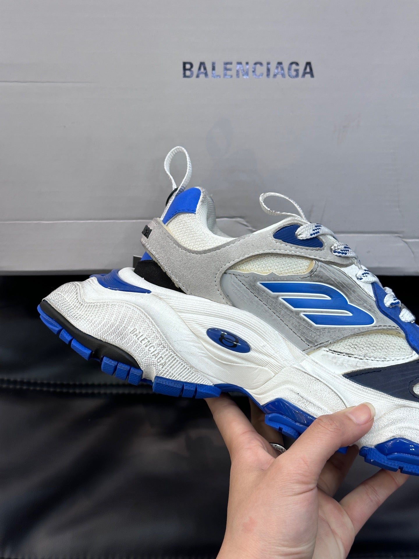 BALENCIAGA CARGO SNEAKERS IN GREY/WHITE/BLUE