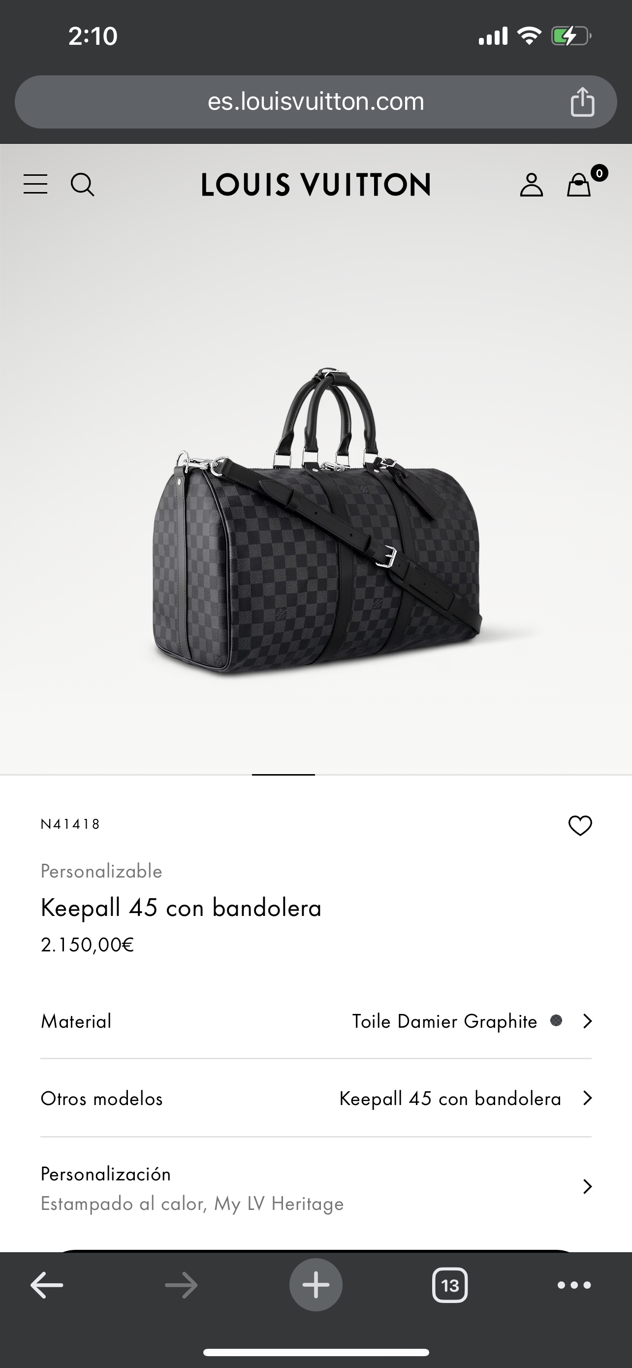 LV Keepall con bandolera Toile Damier Graphite