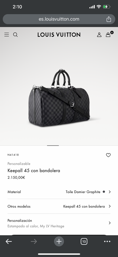 LV Keepall con bandolera Toile Damier Graphite