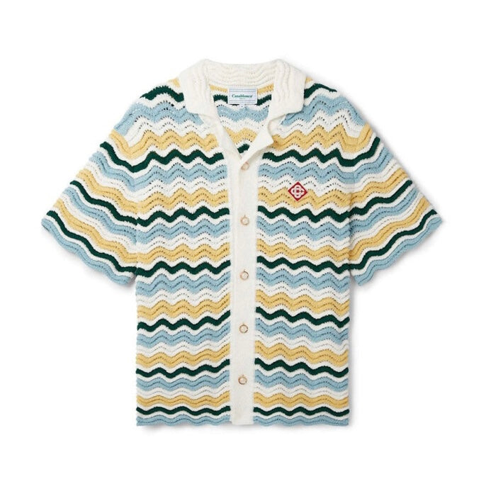 CASABLANCA WAVY BOUCLE  BLUE AND YELLOW CROCHET SHIRTS