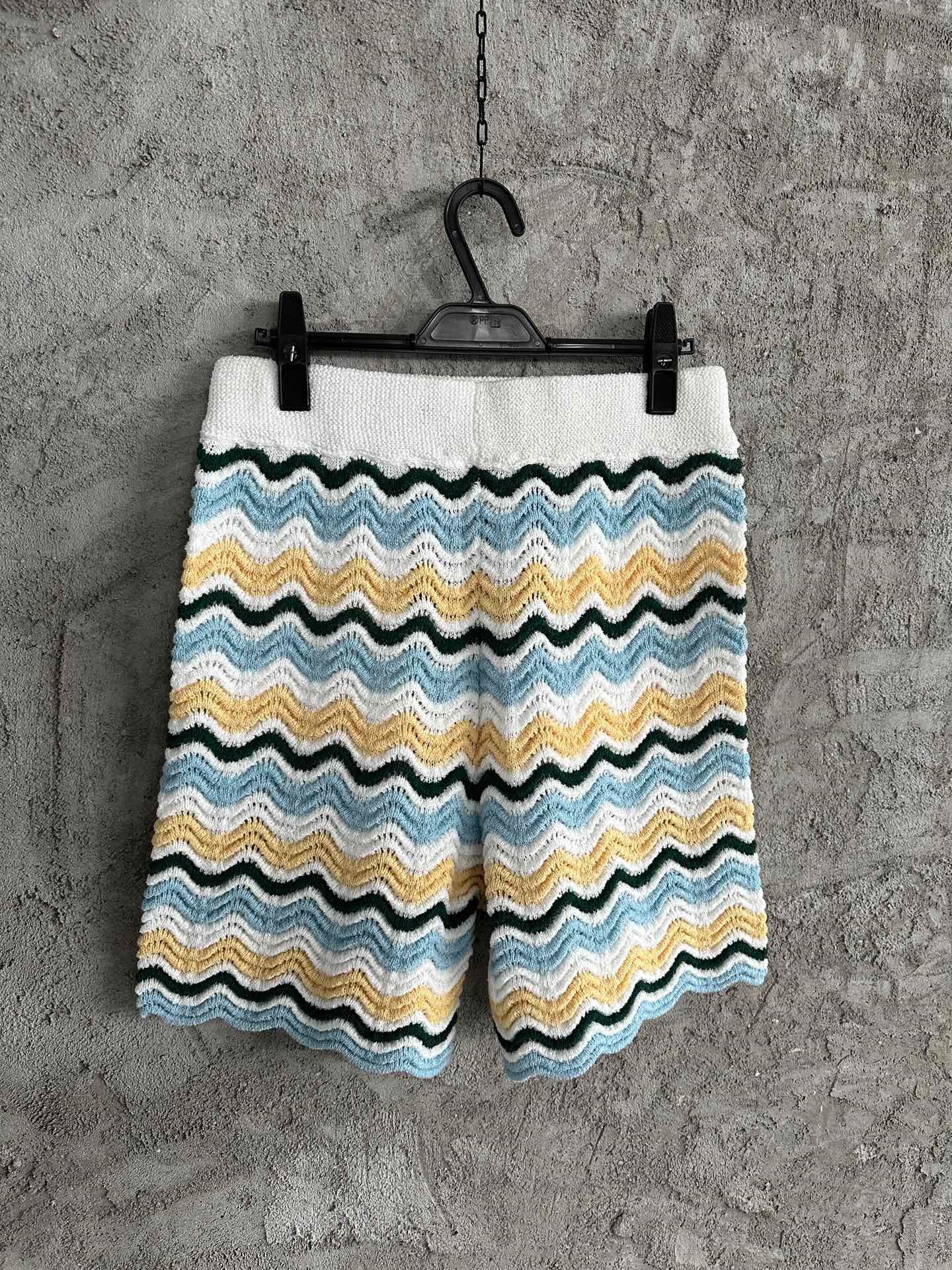 CASABLANCA WAVY BOUCLE  BLUE AND YELLOW CROCHET SHORTS