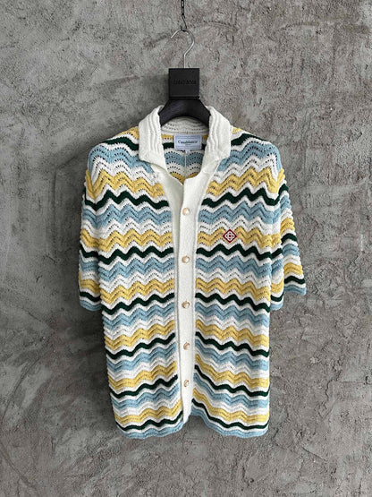 CASABLANCA WAVY BOUCLE  BLUE AND YELLOW CROCHET SHIRTS