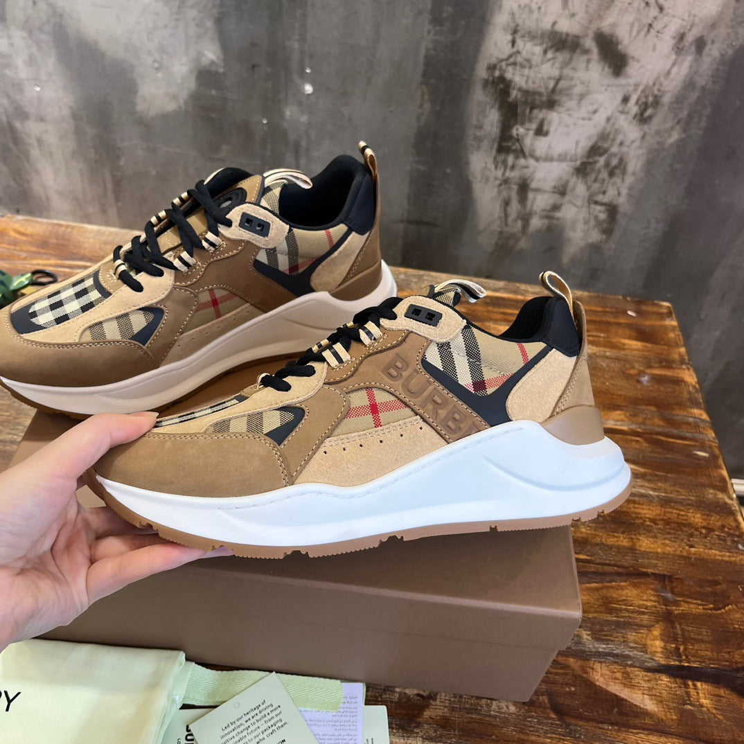 Burberry Beige Leather And Check Print Trainer