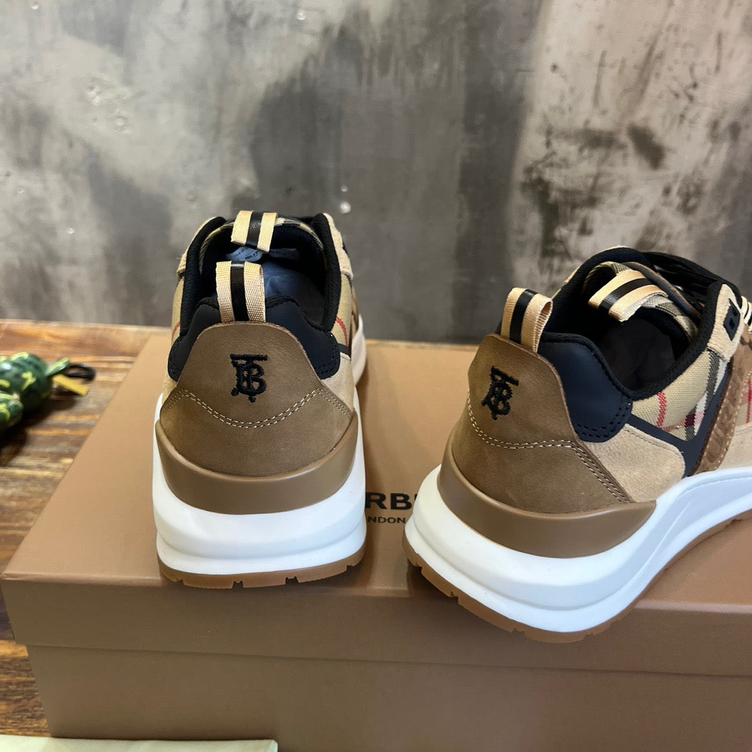 Burberry Beige Leather And Check Print Trainer