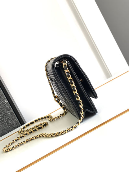 CHANEL Lambskin Quilted Enamel CC Pearl Crush Wallet on Chain WOC Black