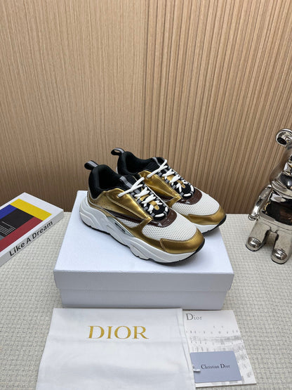 Dior B22 Technical Mesh & Laminated Calfskin Gold-Tone / White / Black