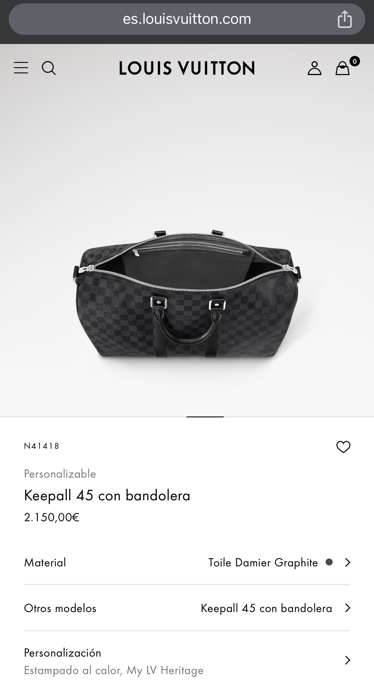 LV Keepall con bandolera Toile Damier Graphite