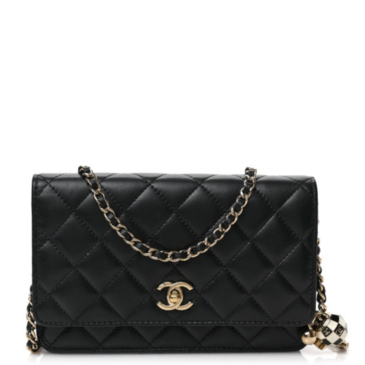 CHANEL Lambskin Quilted Enamel CC Pearl Crush Wallet on Chain WOC Black